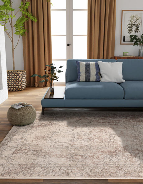 Ivory 7' 10 x 7' 10 Portland Square Area Rug 85% Polypropylene & 15% Polyester Vintage Distressed Traditional Carpet for Home Decor for Sale at Rug Engine