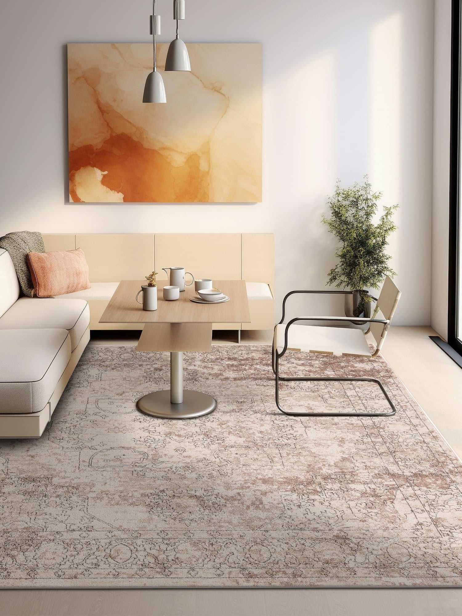 Ivory 10' x 10' Portland Square Area Rug 85% Polypropylene & 15% Polyester Vintage Distressed Traditional Carpet for Home Decor for Sale at Rug Engine