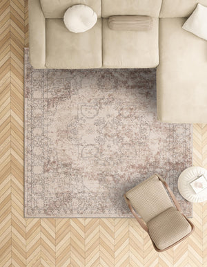 Ivory 5' 3 x 5' 3 Portland Square Area Rug 85% Polypropylene & 15% Polyester Vintage Distressed Traditional Carpet for Home Decor for Sale at Rug Engine