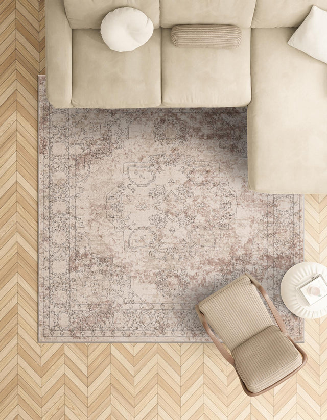 Ivory 5' 3 x 5' 3 Portland Square Area Rug 85% Polypropylene & 15% Polyester Vintage Distressed Traditional Carpet for Home Decor for Sale at Rug Engine