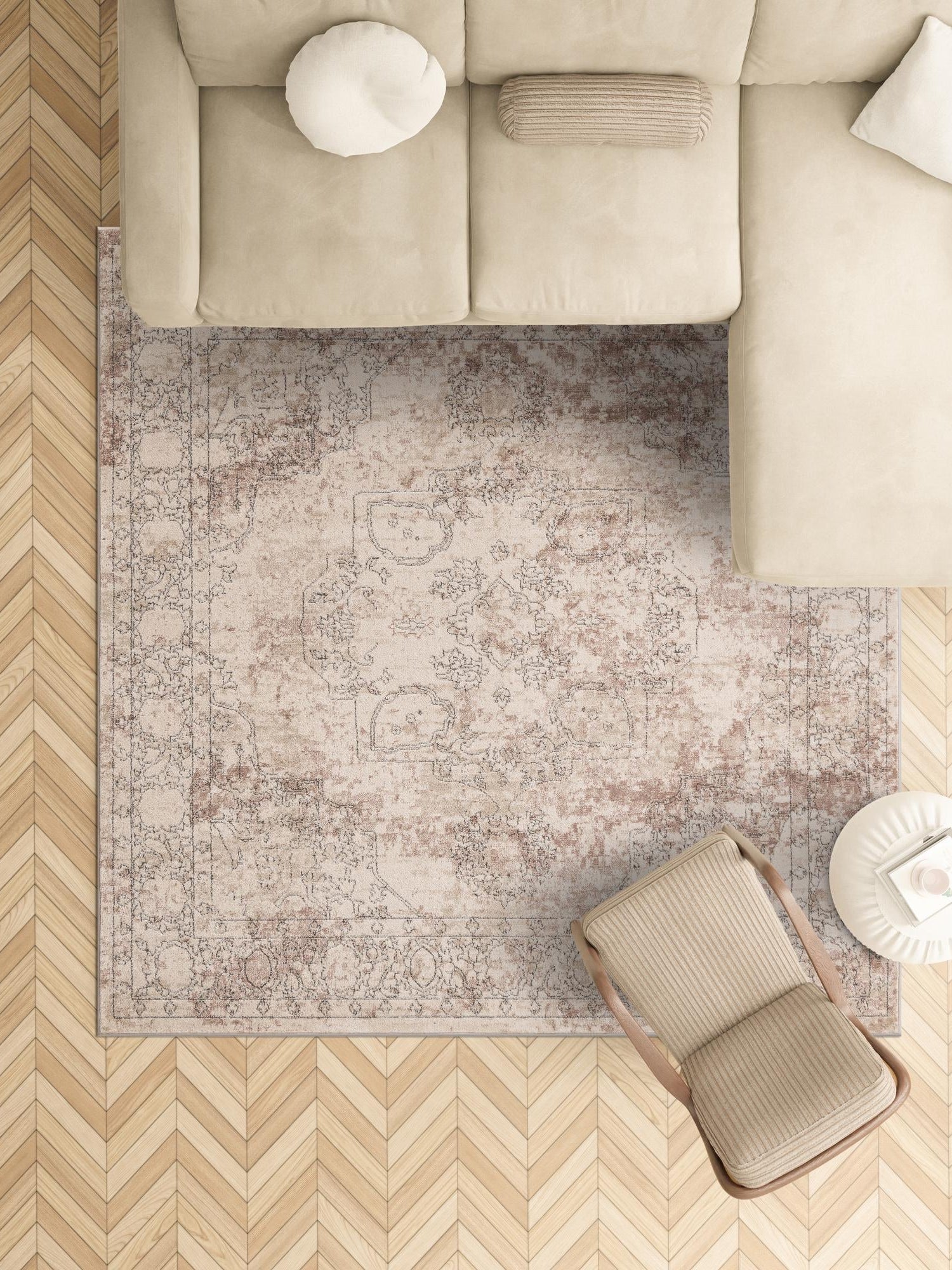 Ivory 4' 1 x 4' 1 Portland Square Area Rug 85% Polypropylene & 15% Polyester Vintage Distressed Traditional Carpet for Home Decor for Sale at Rug Engine