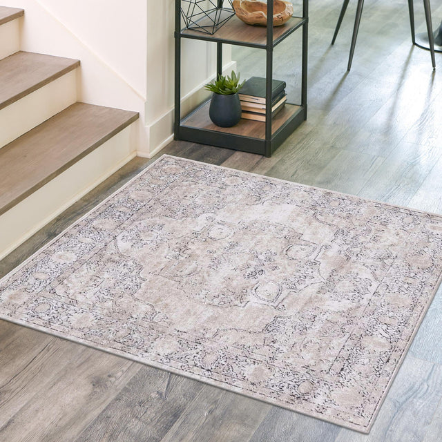 Ivory 5' 3 x 5' 3 Portland Square Area Rug 85% Polypropylene & 15% Polyester Vintage Distressed Traditional Carpet for Home Decor for Sale at Rug Engine