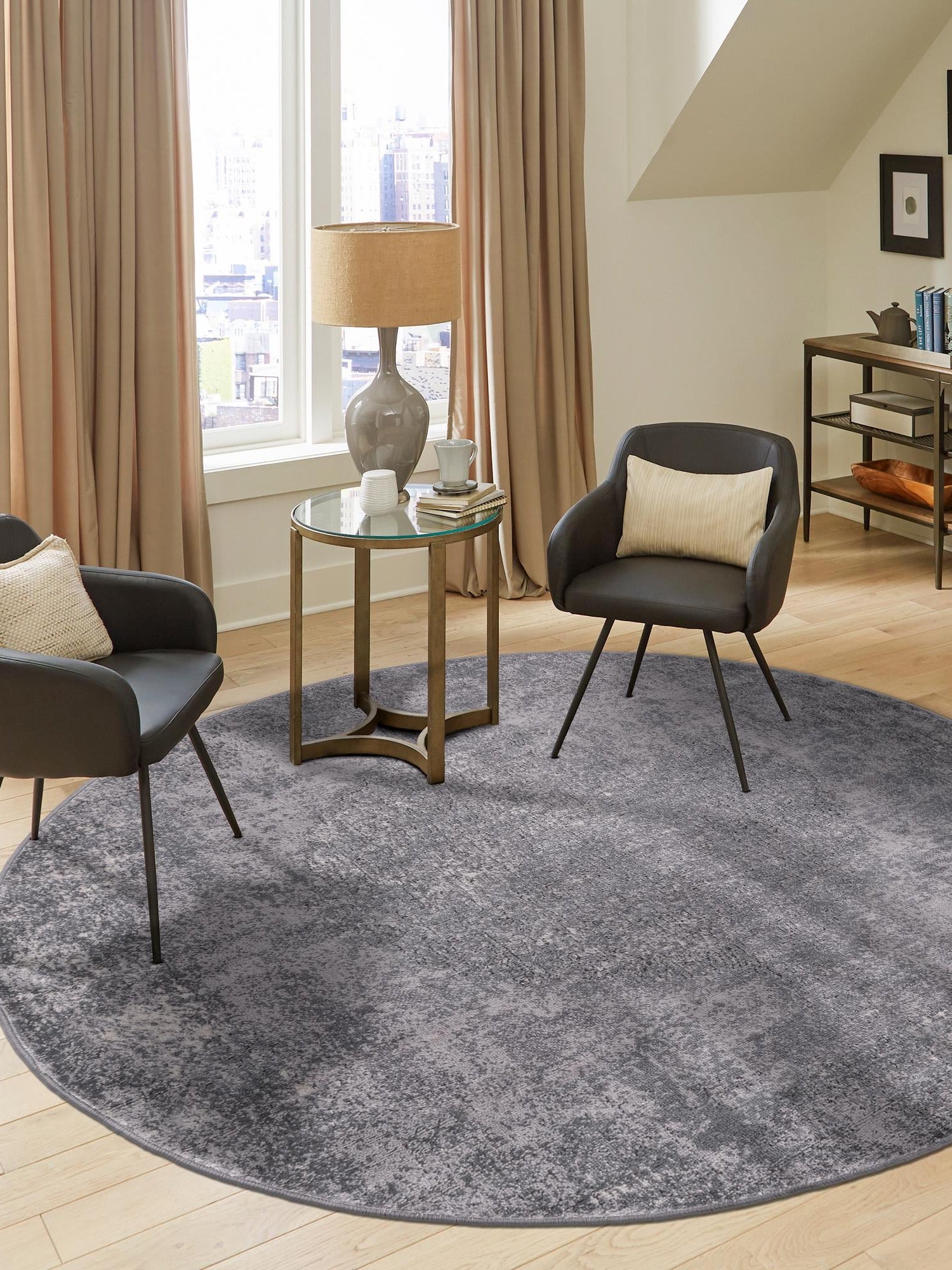 Gray 7' 10 x 7' 10 Portland Round Area Rug 85% Polypropylene & 15% Polyester Vintage Distressed Traditional Carpet for Home Decor for Sale at Rug Engine