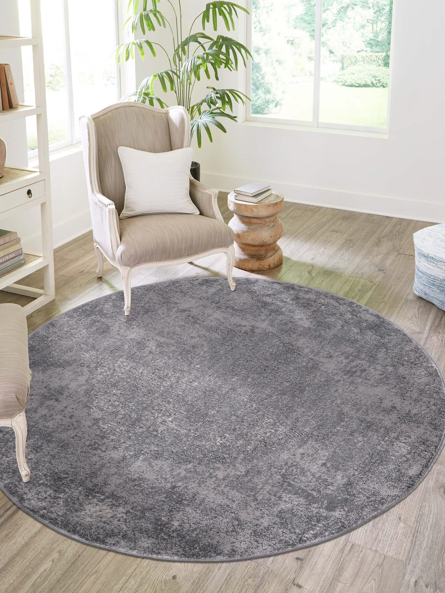 Gray 10' x 10' Portland Round Area Rug 85% Polypropylene & 15% Polyester Vintage Distressed Traditional Carpet for Home Decor for Sale at Rug Engine