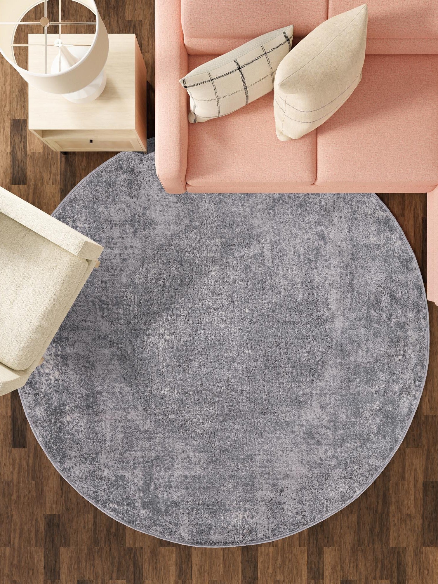 Gray 7' 1 x 7' 1 Portland Round Area Rug 85% Polypropylene & 15% Polyester Vintage Distressed Traditional Carpet for Home Decor for Sale at Rug Engine