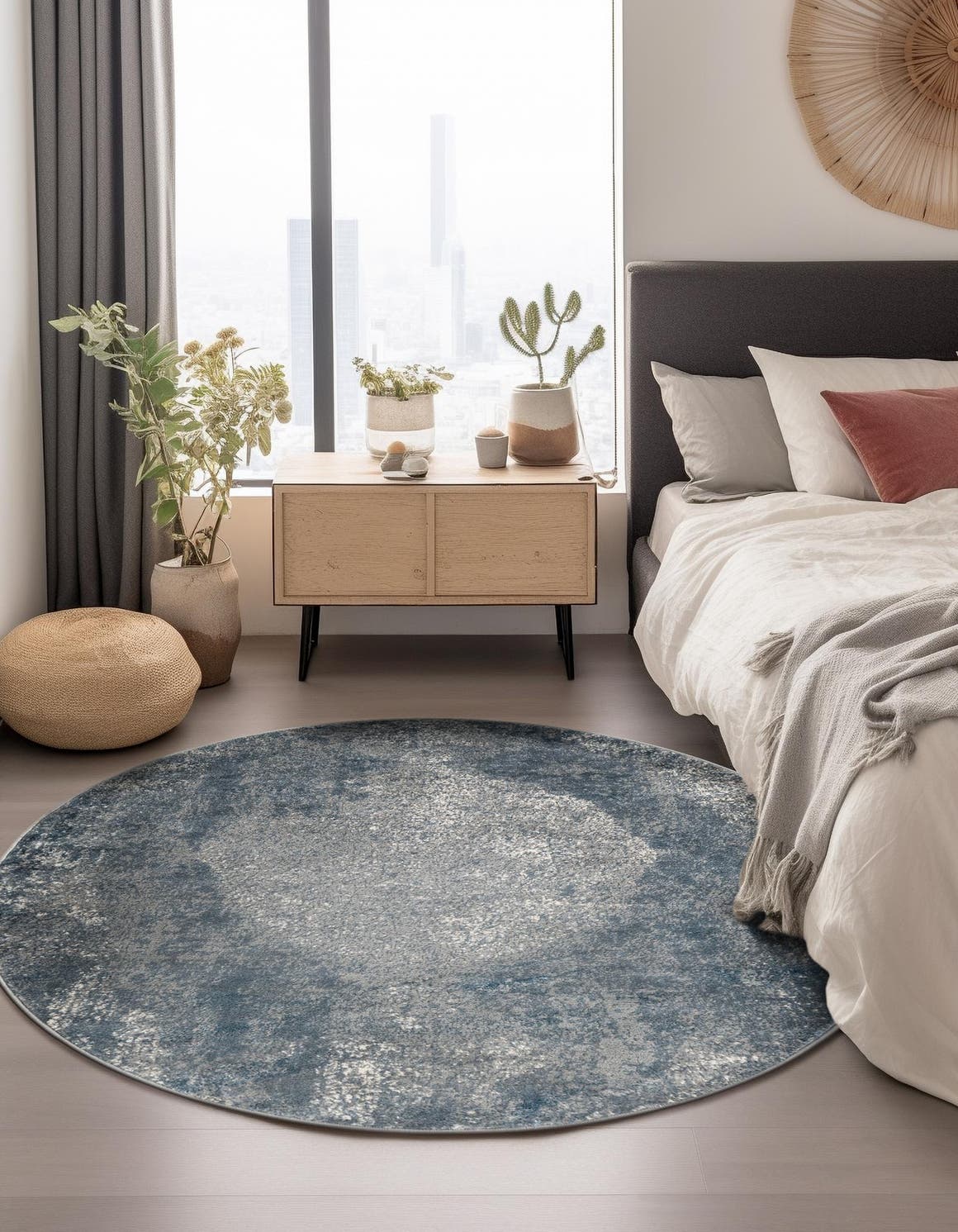 Blue 5' 3 x 5' 3 Portland Round Area Rug 85% Polypropylene & 15% Polyester Vintage Distressed Traditional Carpet for Home Decor for Sale at Rug Engine