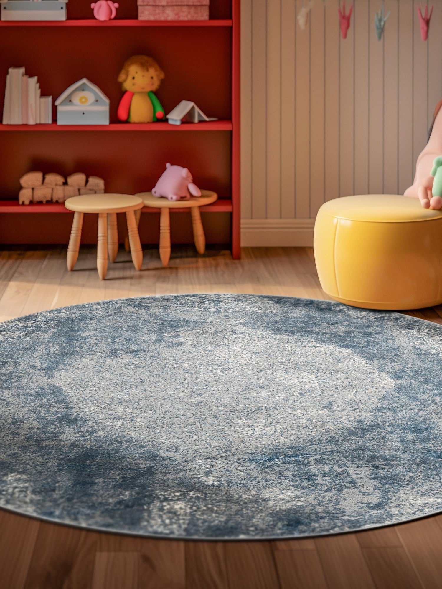 Blue 3' 1 x 3' 1 Portland Round Area Rug 85% Polypropylene & 15% Polyester Vintage Distressed Traditional Carpet for Home Decor for Sale at Rug Engine