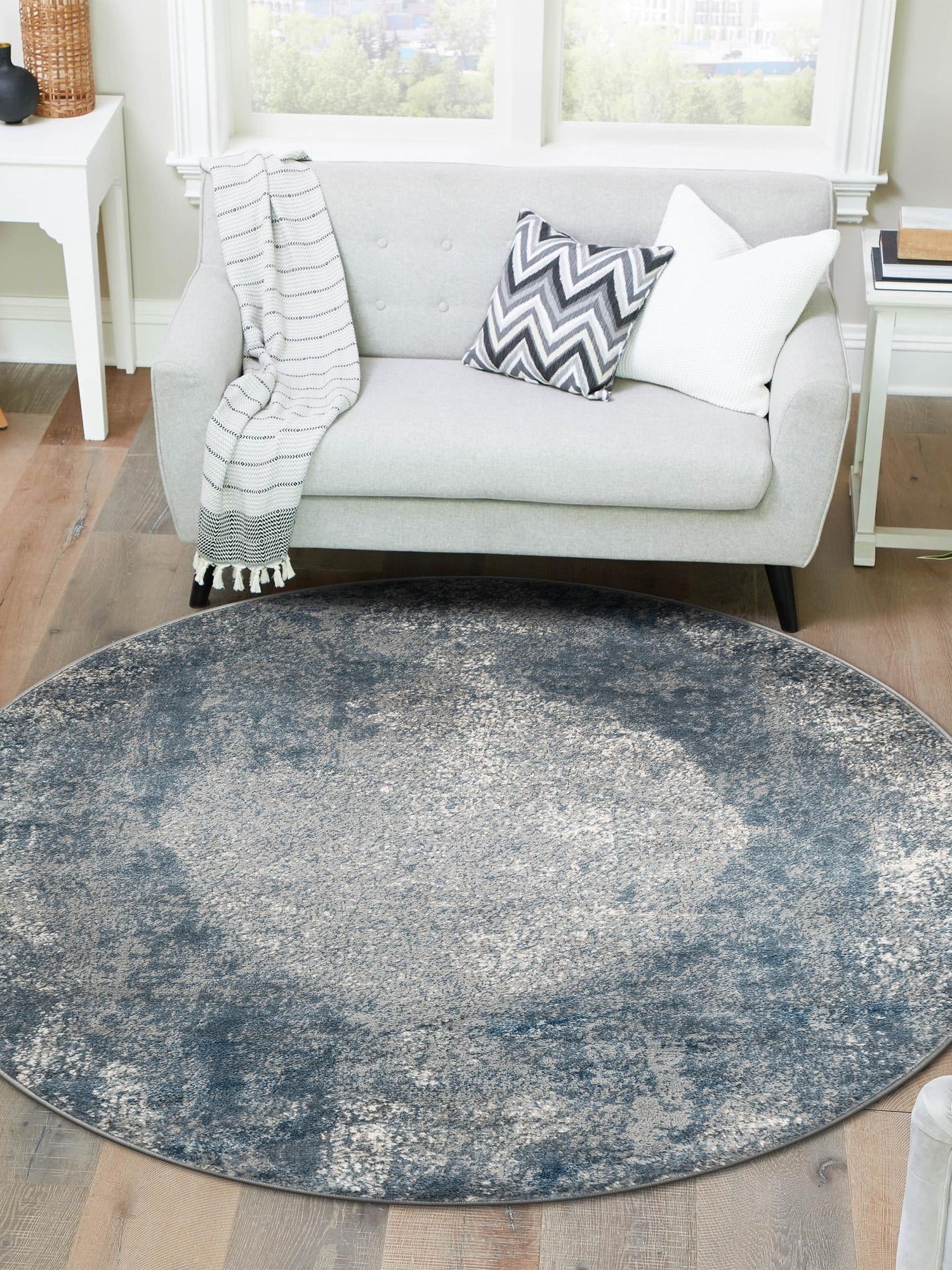 Blue 7' 1 x 7' 1 Portland Round Area Rug 85% Polypropylene & 15% Polyester Vintage Distressed Traditional Carpet for Home Decor for Sale at Rug Engine