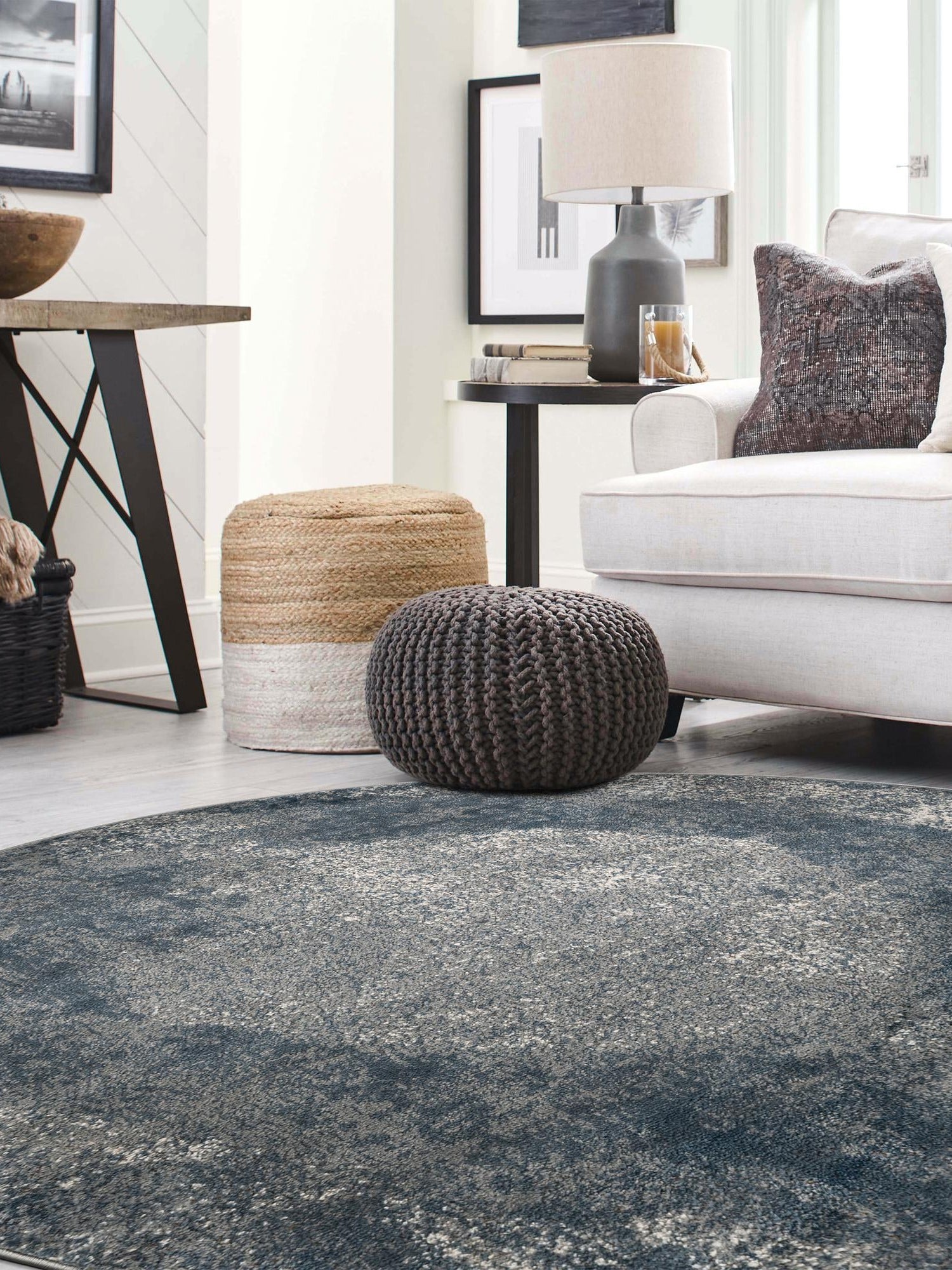 Blue 3' 1 x 3' 1 Portland Round Area Rug 85% Polypropylene & 15% Polyester Vintage Distressed Traditional Carpet for Home Decor for Sale at Rug Engine