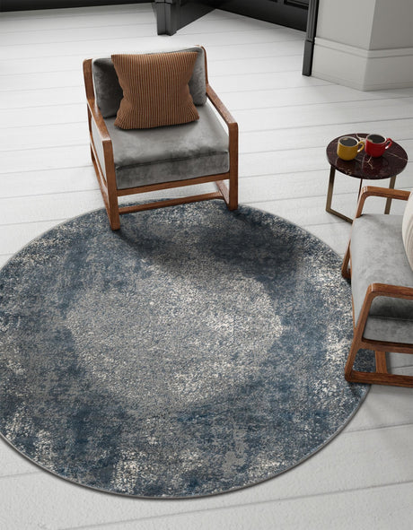 Blue 5' 3 x 5' 3 Portland Round Area Rug 85% Polypropylene & 15% Polyester Vintage Distressed Traditional Carpet for Home Decor for Sale at Rug Engine