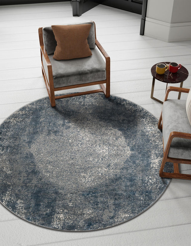 Blue 5' 3 x 5' 3 Portland Round Area Rug 85% Polypropylene & 15% Polyester Vintage Distressed Traditional Carpet for Home Decor for Sale at Rug Engine