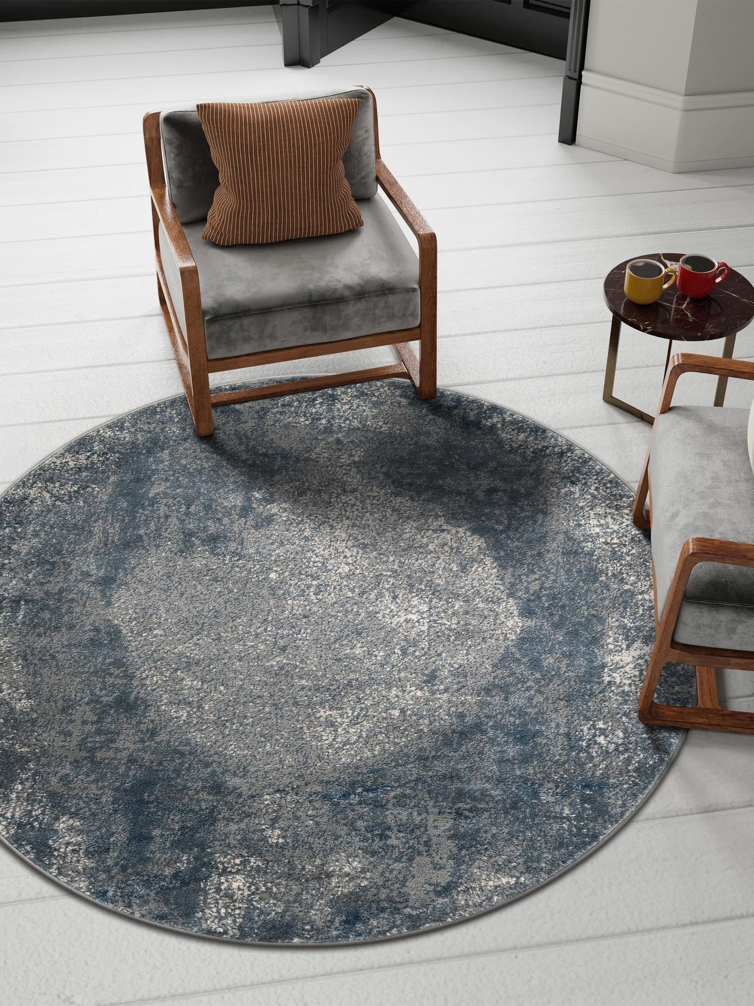 Blue 7' 1 x 7' 1 Portland Round Area Rug 85% Polypropylene & 15% Polyester Vintage Distressed Traditional Carpet for Home Decor for Sale at Rug Engine