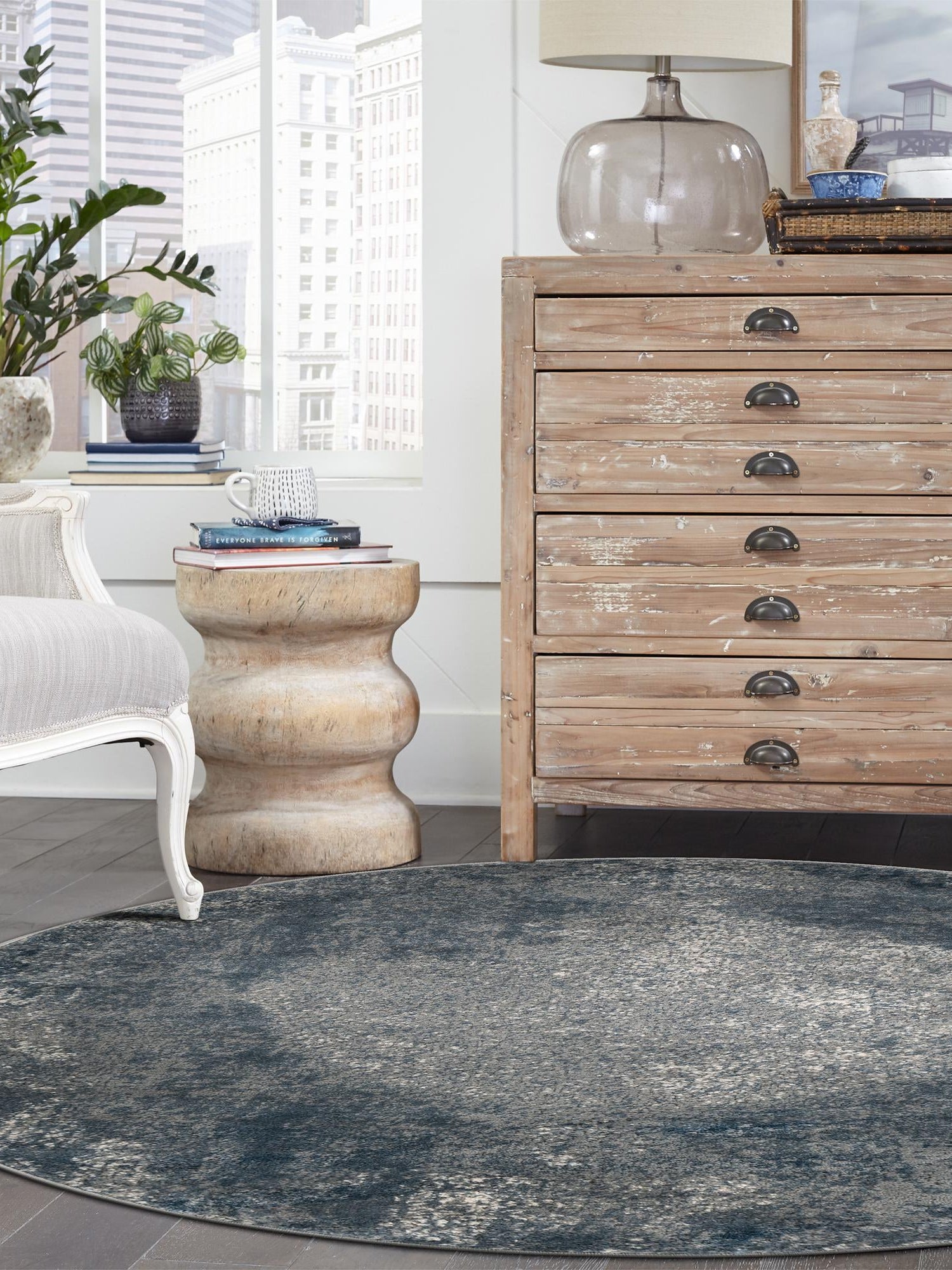 Blue 3' 1 x 3' 1 Portland Round Area Rug 85% Polypropylene & 15% Polyester Vintage Distressed Traditional Carpet for Home Decor for Sale at Rug Engine