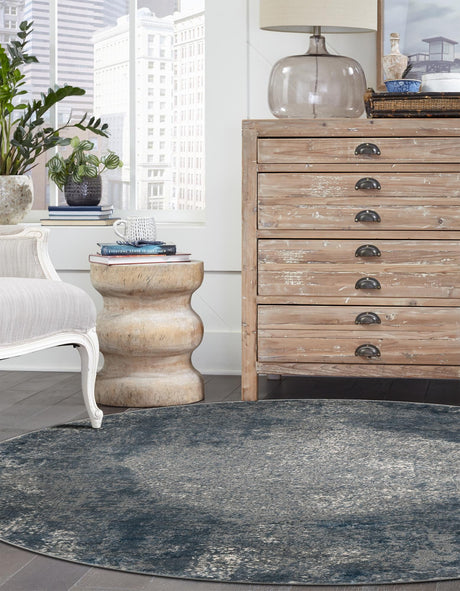 Blue 3' 1 x 3' 1 Portland Round Area Rug 85% Polypropylene & 15% Polyester Vintage Distressed Traditional Carpet for Home Decor for Sale at Rug Engine