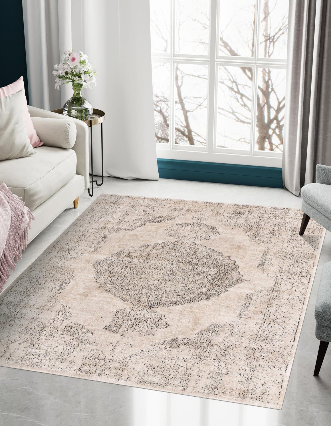 Ivory 5' 3 x 8' Portland Rectangle Area Rug 85% Polypropylene & 15% Polyester Vintage Distressed Traditional Carpet for Home Decor for Sale at Rug Engine