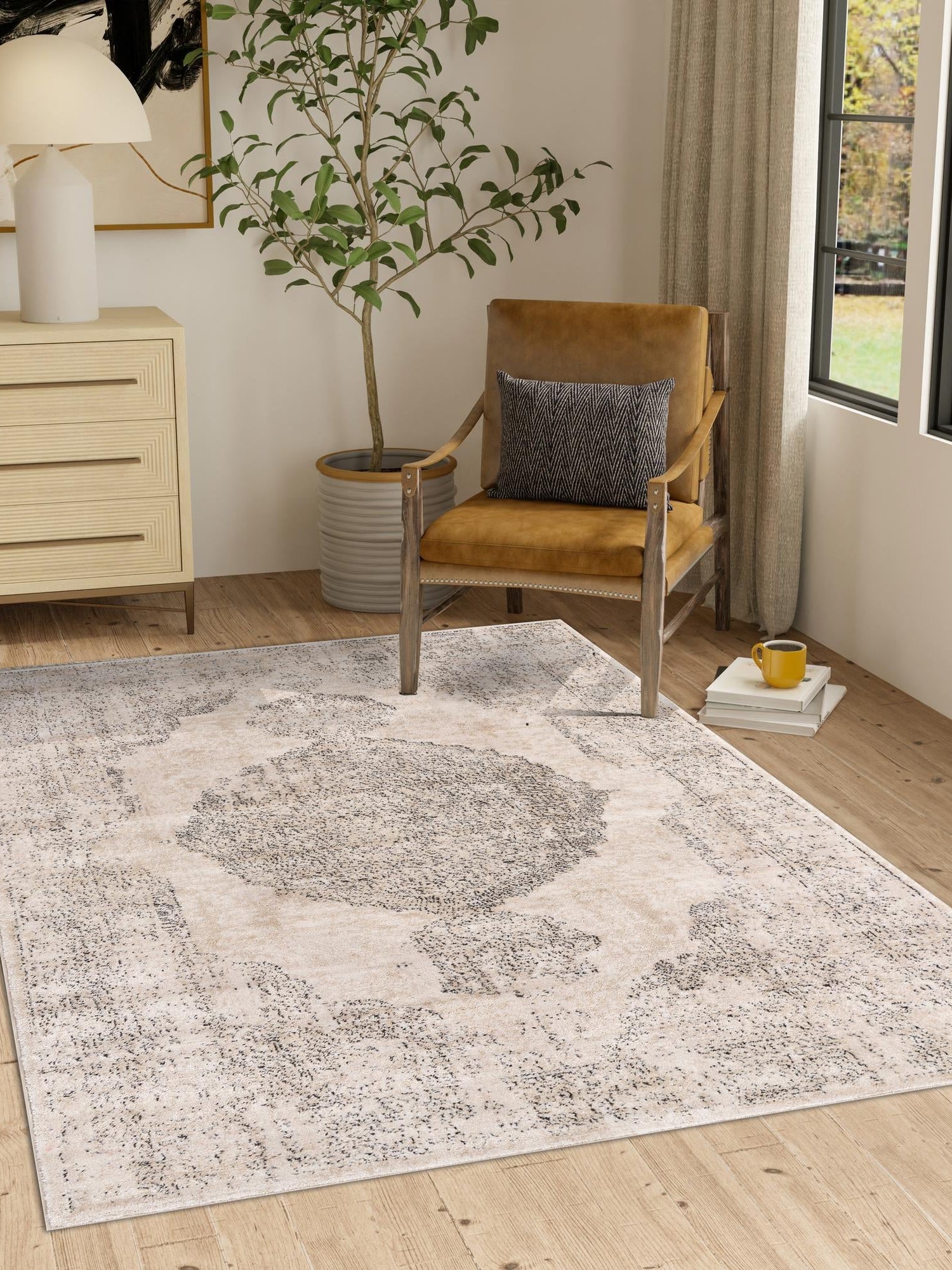 Ivory 5' 3 x 8' Portland Rectangle Area Rug 85% Polypropylene & 15% Polyester Vintage Distressed Traditional Carpet for Home Decor for Sale at Rug Engine