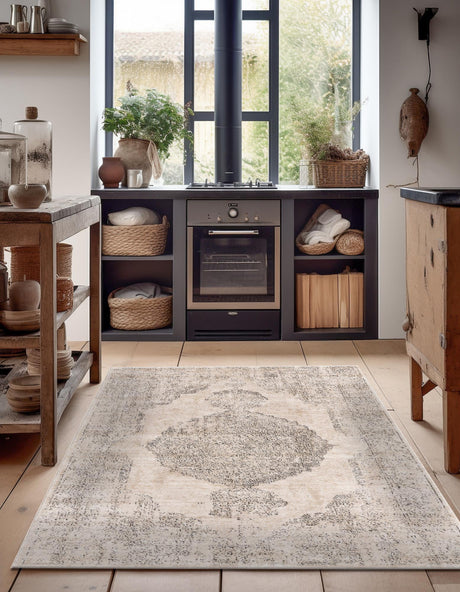 Ivory 9' x 12' Portland Rectangle Area Rug 85% Polypropylene & 15% Polyester Vintage Distressed Traditional Carpet for Home Decor for Sale at Rug Engine