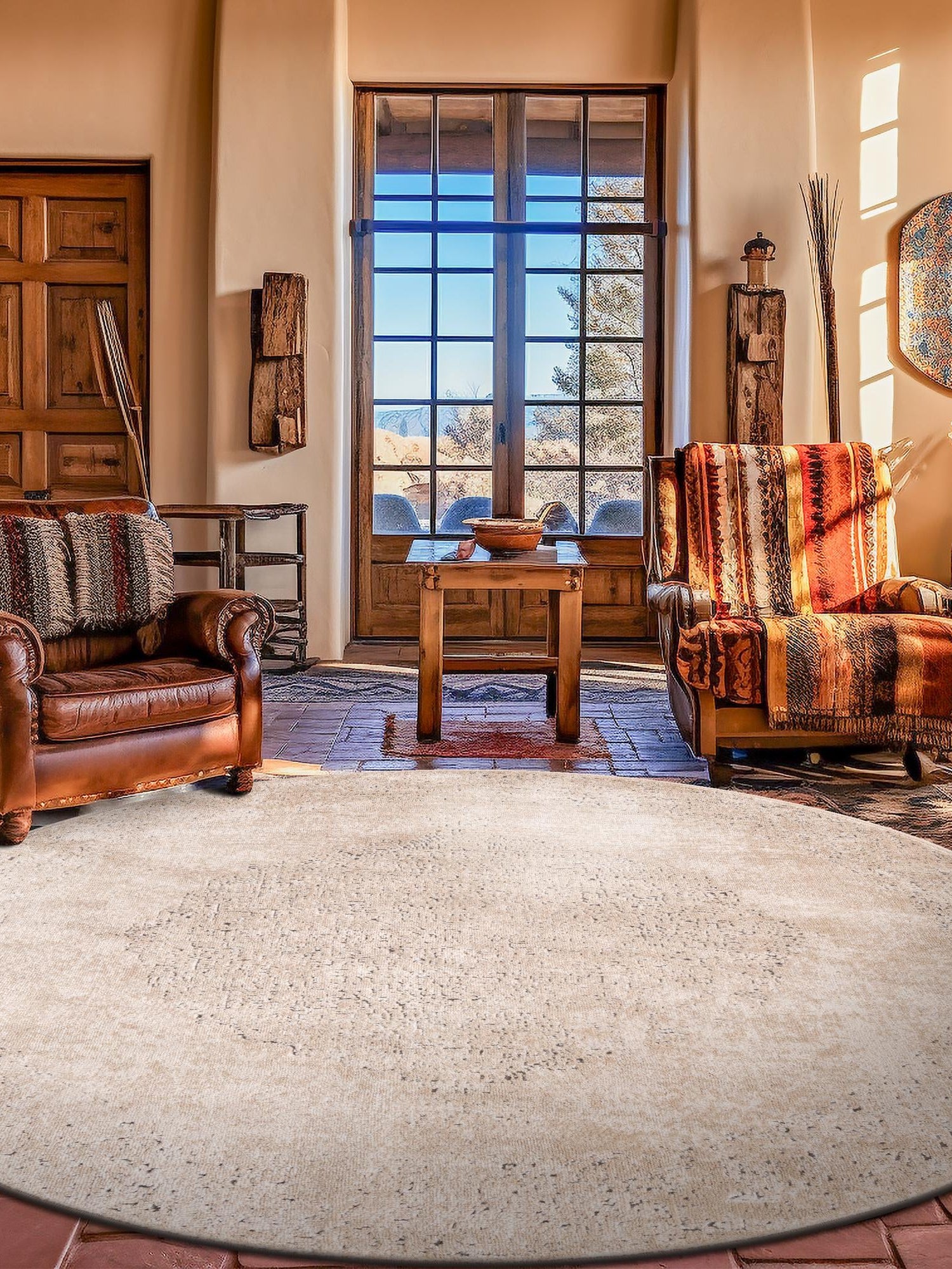 Ivory 5' 3 x 5' 3 Portland Round Area Rug 85% Polypropylene & 15% Polyester Vintage Distressed Traditional Carpet for Home Decor for Sale at Rug Engine
