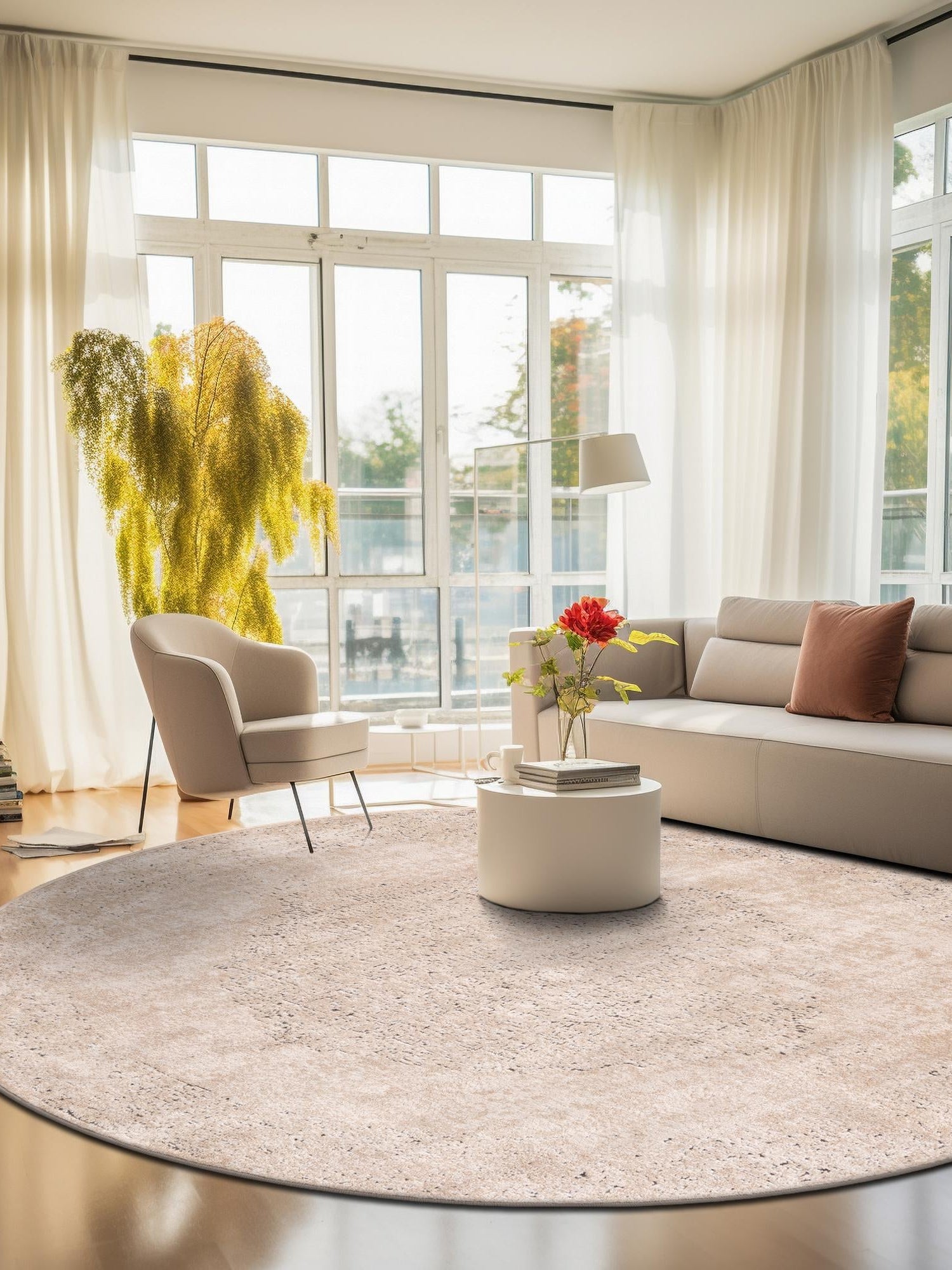 Ivory 5' 3 x 5' 3 Portland Round Area Rug 85% Polypropylene & 15% Polyester Vintage Distressed Traditional Carpet for Home Decor for Sale at Rug Engine