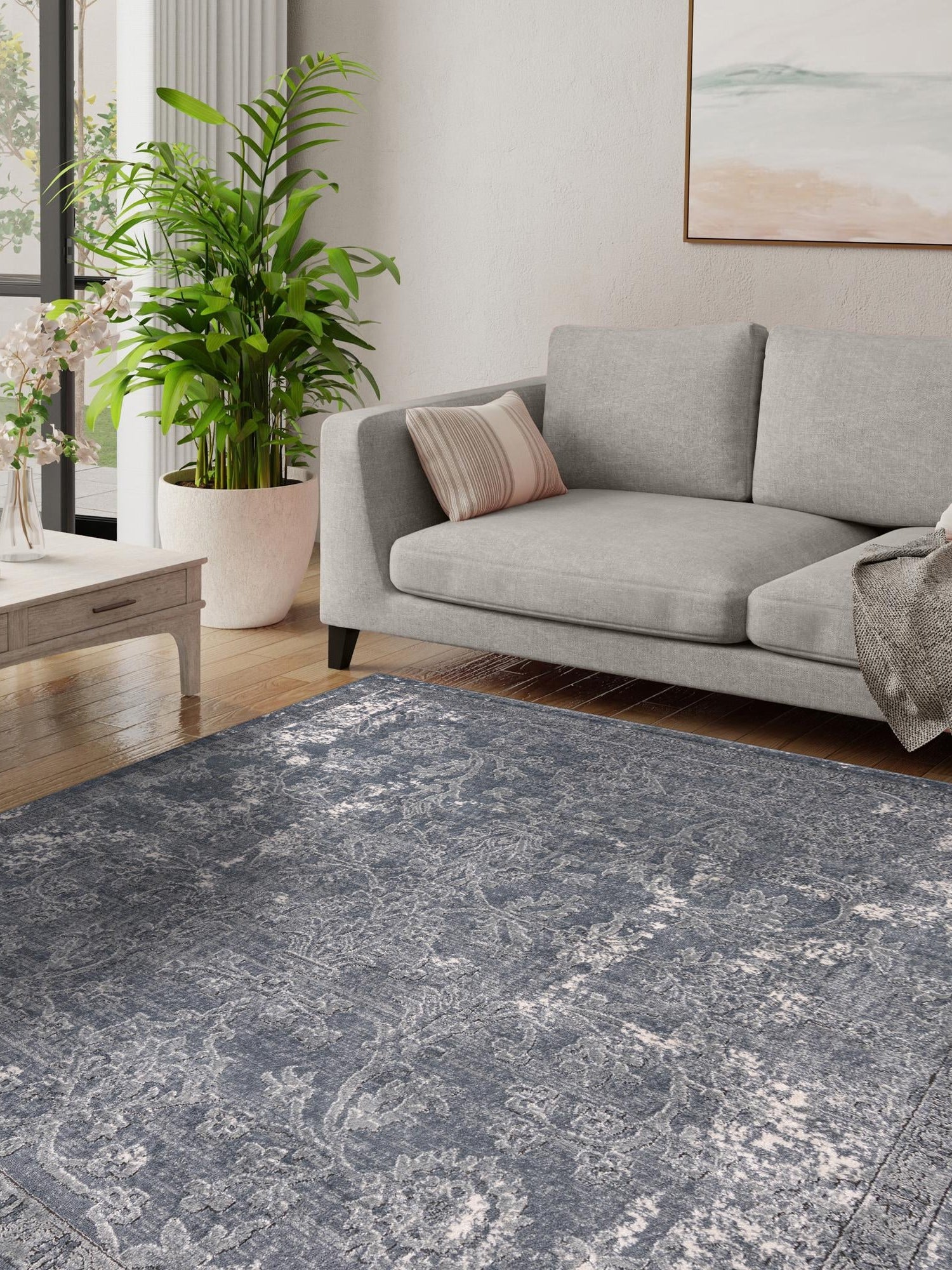 Gray 7' 10 x 7' 10 Portland Square Area Rug 85% Polypropylene & 15% Polyester Vintage Distressed Traditional Carpet for Home Decor for Sale at Rug Engine