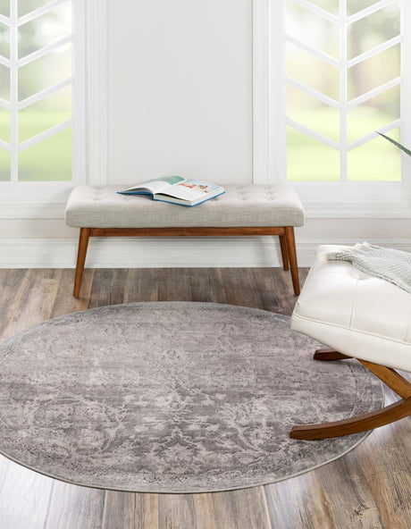 Gray 3' 1 x 3' 1 Portland Round Area Rug 85% Polypropylene & 15% Polyester Vintage Distressed Traditional Carpet for Home Decor for Sale at Rug Engine
