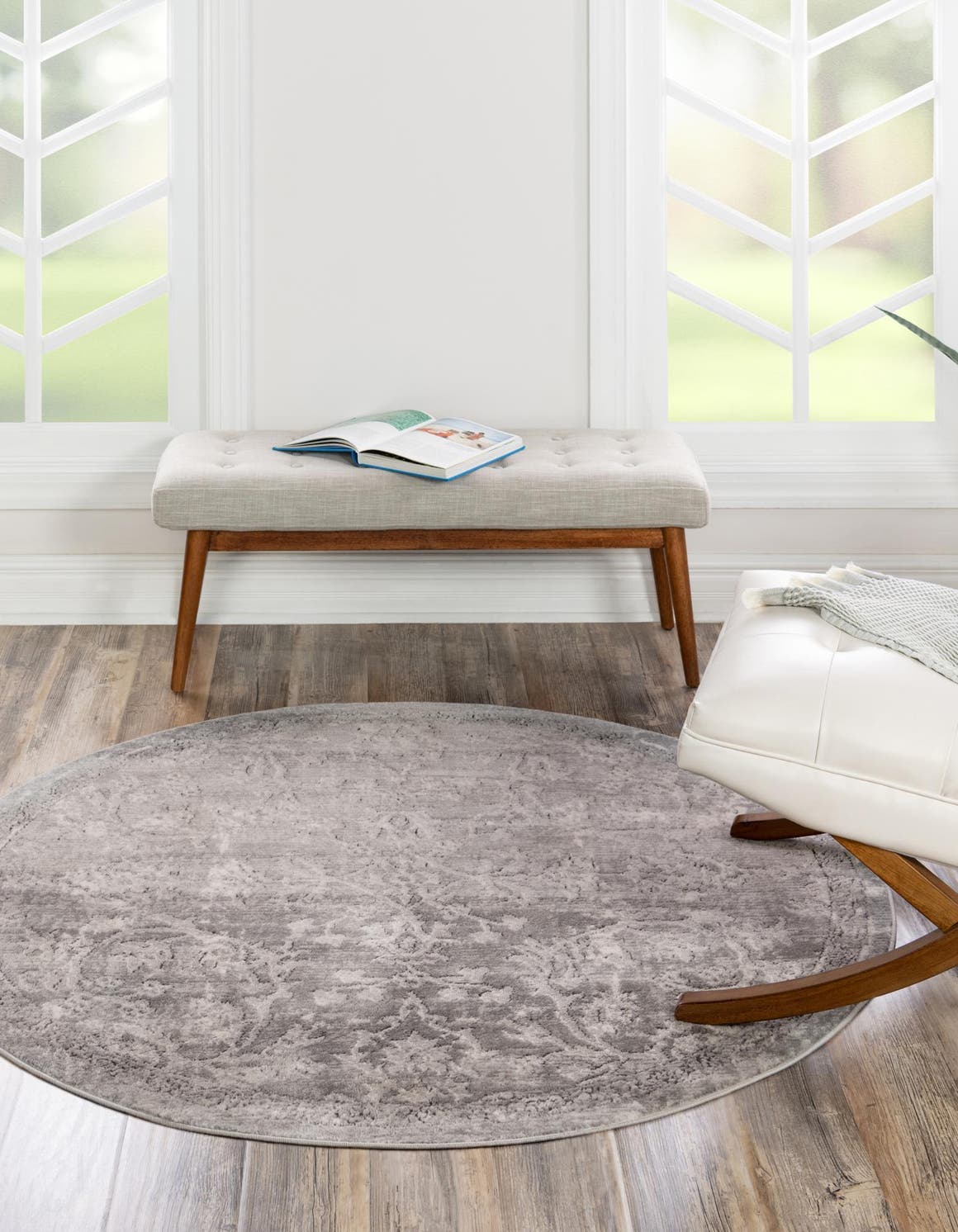 Gray 7' 1 x 7' 1 Portland Round Area Rug 85% Polypropylene & 15% Polyester Vintage Distressed Traditional Carpet for Home Decor for Sale at Rug Engine