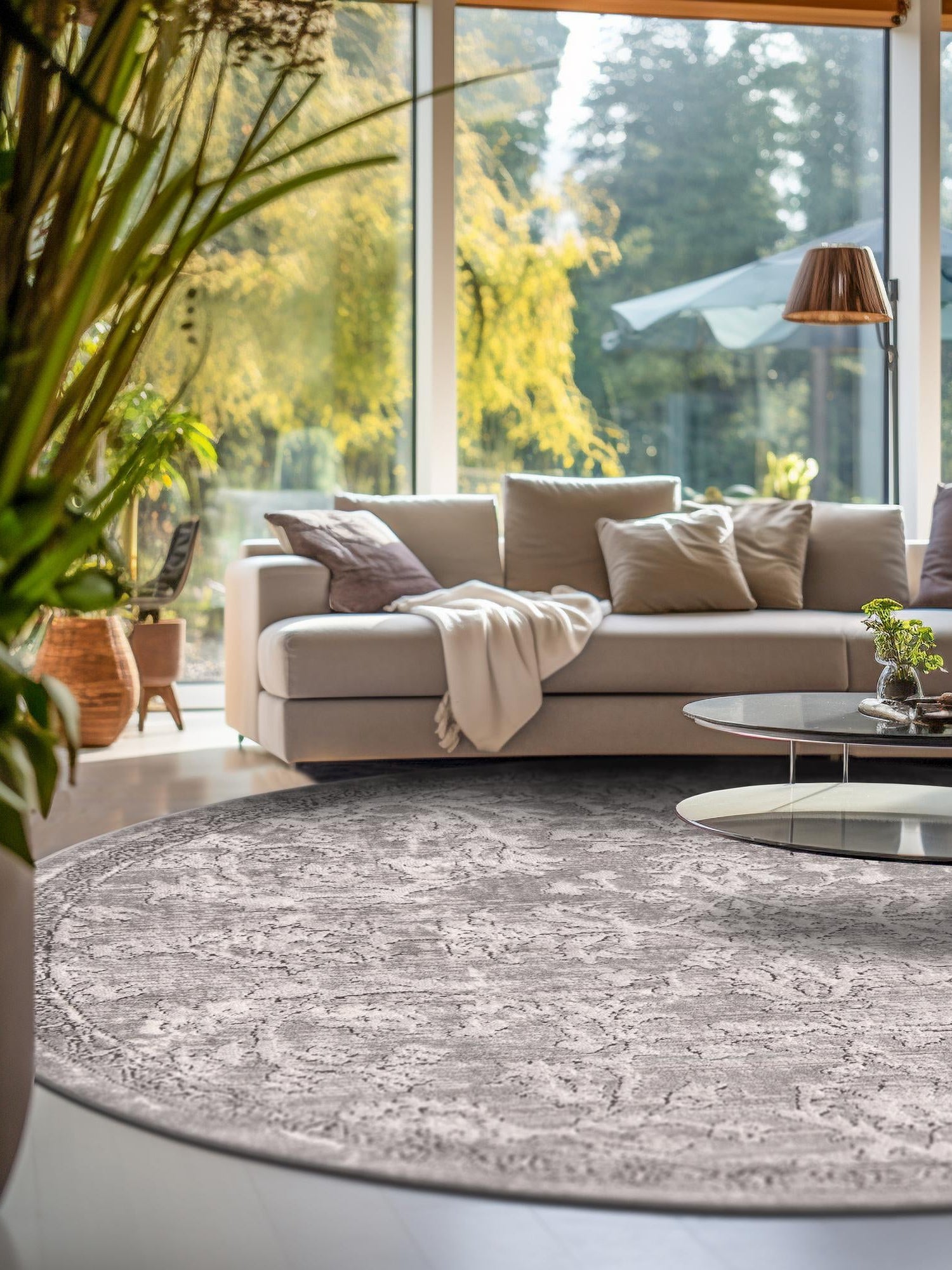Gray 7' 1 x 7' 1 Portland Round Area Rug 85% Polypropylene & 15% Polyester Vintage Distressed Traditional Carpet for Home Decor for Sale at Rug Engine