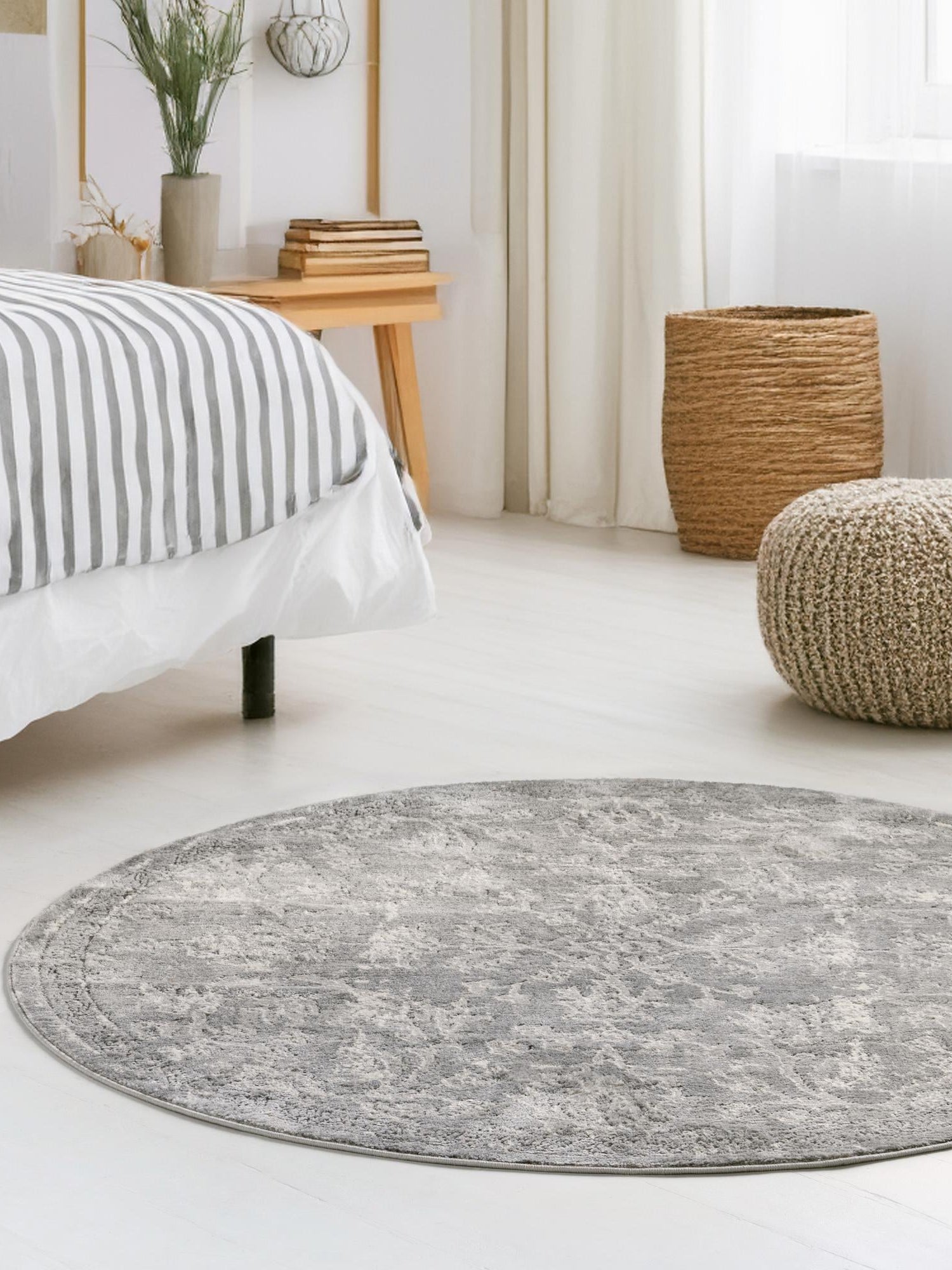 Gray 3' 1 x 3' 1 Portland Round Area Rug 85% Polypropylene & 15% Polyester Vintage Distressed Traditional Carpet for Home Decor for Sale at Rug Engine