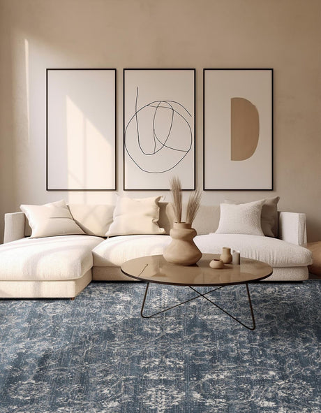 Blue 10' x 10' Portland Square Area Rug 85% Polypropylene & 15% Polyester Vintage Distressed Traditional Carpet for Home Decor for Sale at Rug Engine