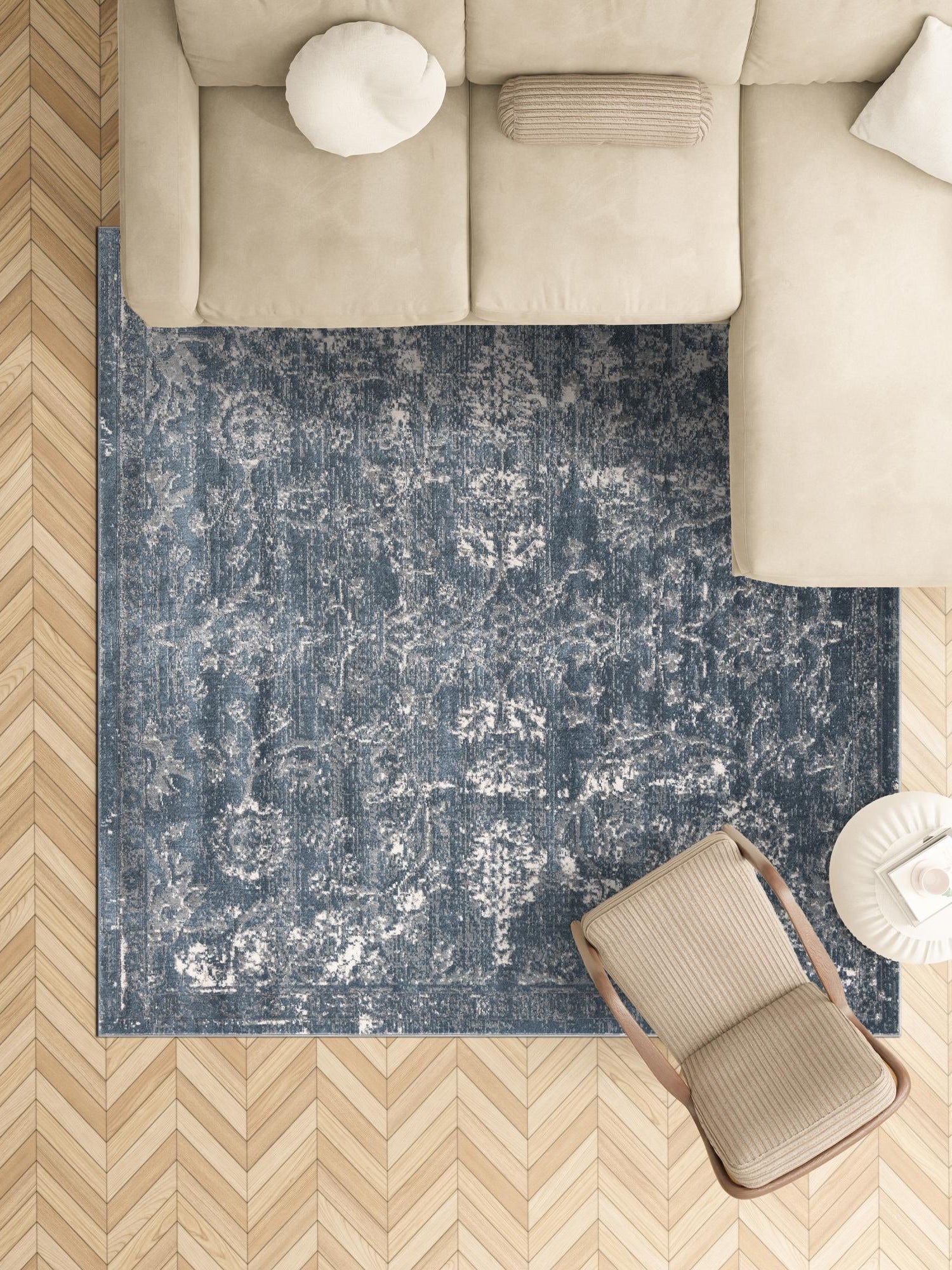 Blue 4' 1 x 4' 1 Portland Square Area Rug 85% Polypropylene & 15% Polyester Vintage Distressed Traditional Carpet for Home Decor for Sale at Rug Engine