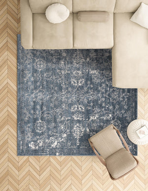 Blue 4' 1 x 4' 1 Portland Square Area Rug 85% Polypropylene & 15% Polyester Vintage Distressed Traditional Carpet for Home Decor for Sale at Rug Engine