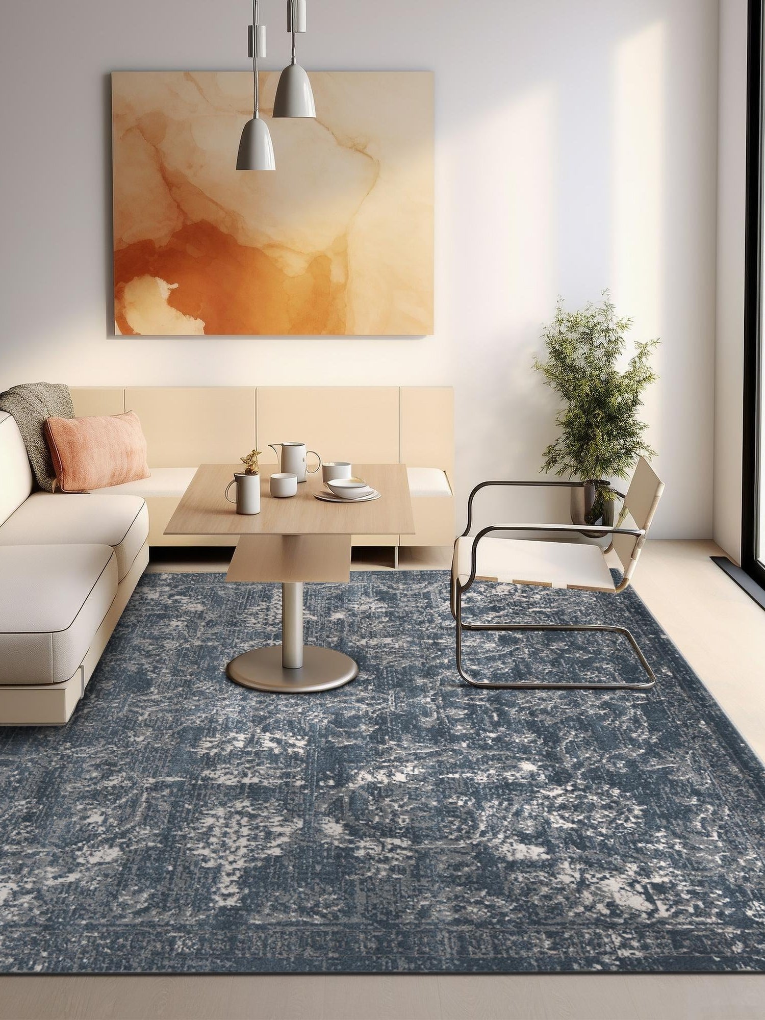 Blue 4' 1 x 4' 1 Portland Square Area Rug 85% Polypropylene & 15% Polyester Vintage Distressed Traditional Carpet for Home Decor for Sale at Rug Engine