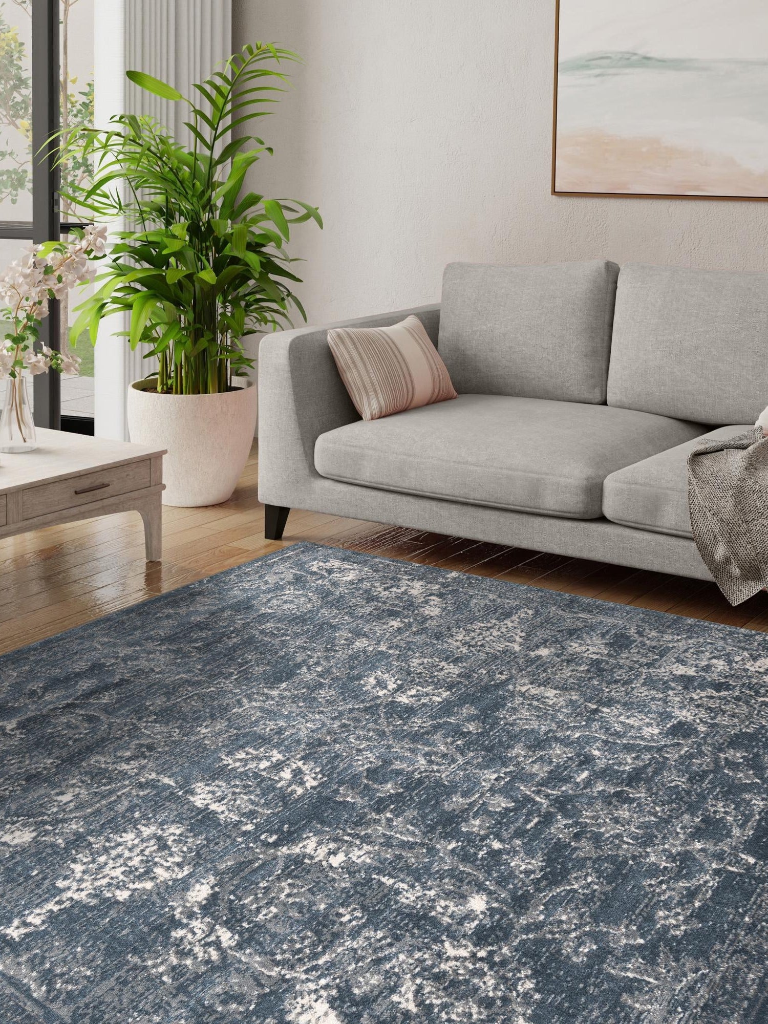 Blue 5' 3 x 5' 3 Portland Square Area Rug 85% Polypropylene & 15% Polyester Vintage Distressed Traditional Carpet for Home Decor for Sale at Rug Engine