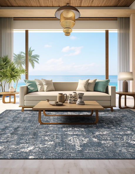 Blue 10' x 10' Portland Square Area Rug 85% Polypropylene & 15% Polyester Vintage Distressed Traditional Carpet for Home Decor for Sale at Rug Engine