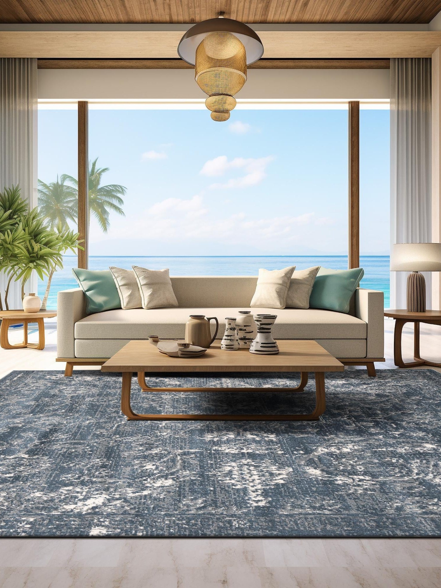 Blue 5' 3 x 5' 3 Portland Square Area Rug 85% Polypropylene & 15% Polyester Vintage Distressed Traditional Carpet for Home Decor for Sale at Rug Engine