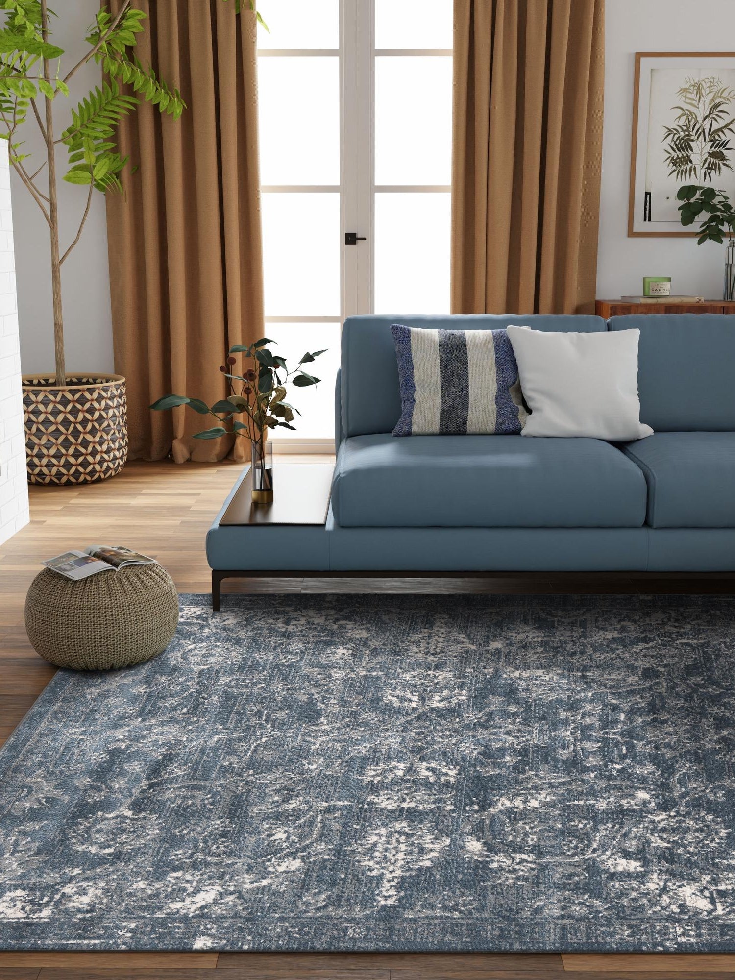 Blue 5' 3 x 5' 3 Portland Square Area Rug 85% Polypropylene & 15% Polyester Vintage Distressed Traditional Carpet for Home Decor for Sale at Rug Engine