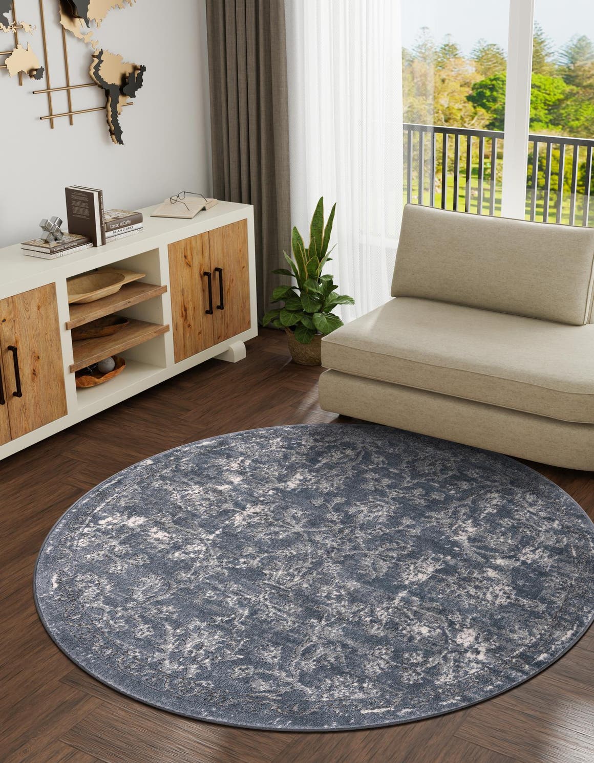 Blue 5' 3 x 5' 3 Portland Round Area Rug 85% Polypropylene & 15% Polyester Vintage Distressed Traditional Carpet for Home Decor for Sale at Rug Engine