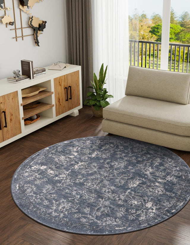 Blue 5' 3 x 5' 3 Portland Round Area Rug 85% Polypropylene & 15% Polyester Vintage Distressed Traditional Carpet for Home Decor for Sale at Rug Engine