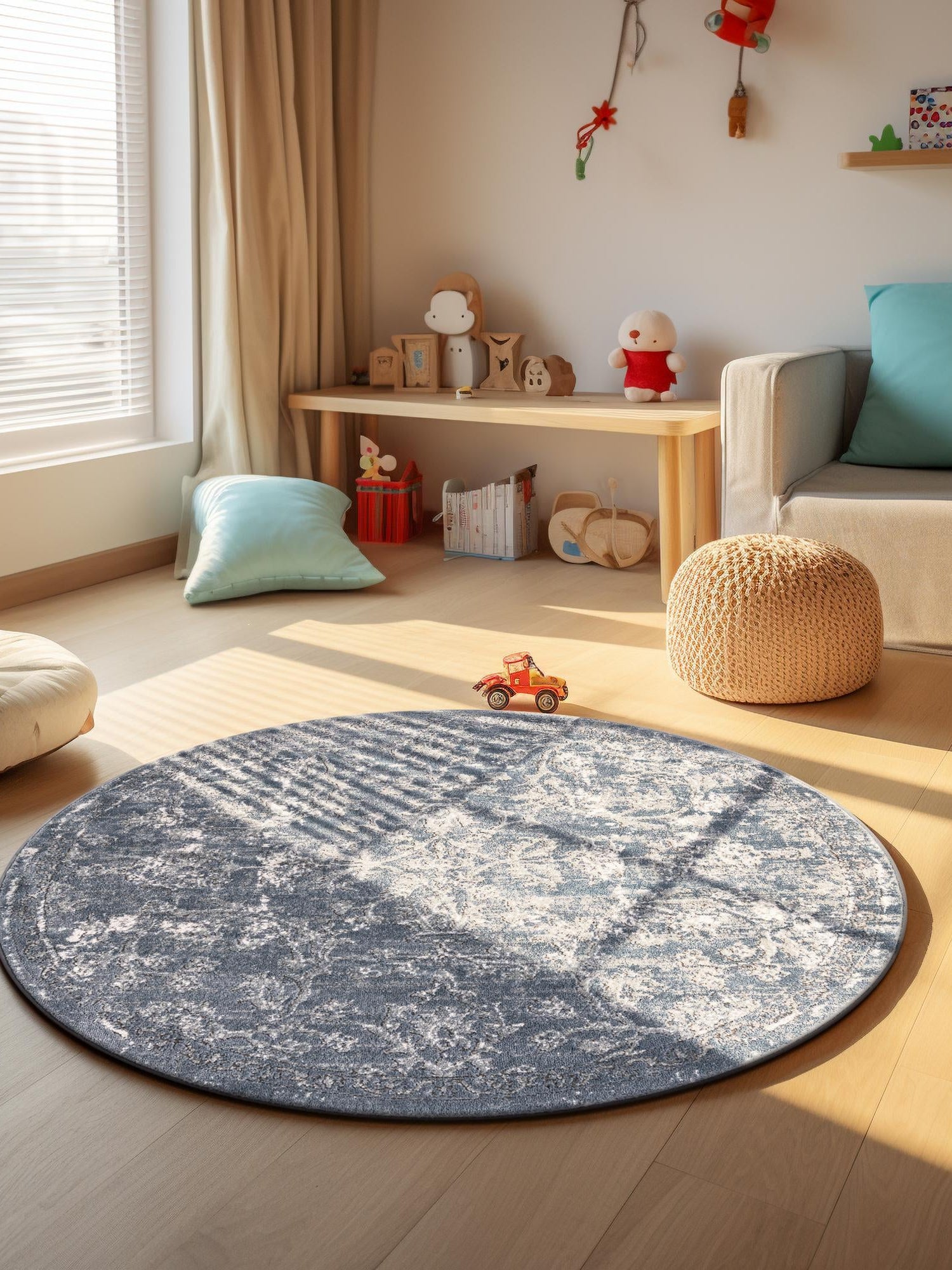 Blue 5' 3 x 5' 3 Portland Round Area Rug 85% Polypropylene & 15% Polyester Vintage Distressed Traditional Carpet for Home Decor for Sale at Rug Engine