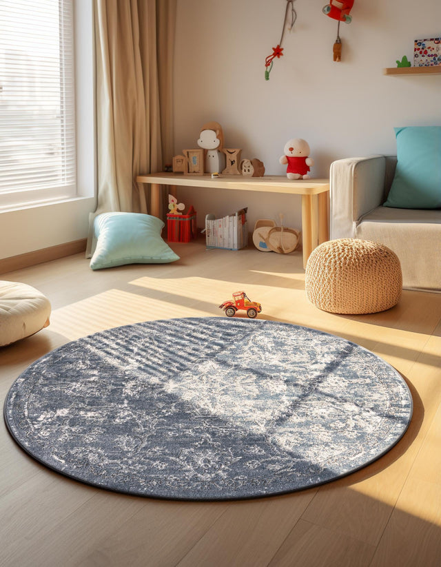 Blue 5' 3 x 5' 3 Portland Round Area Rug 85% Polypropylene & 15% Polyester Vintage Distressed Traditional Carpet for Home Decor for Sale at Rug Engine