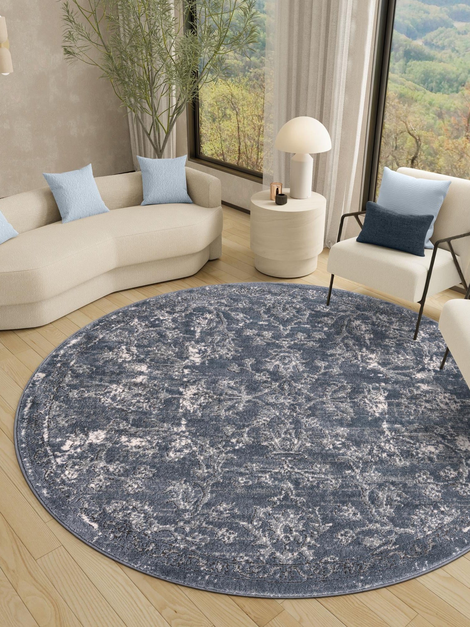 Blue 4' 1 x 4' 1 Portland Round Area Rug 85% Polypropylene & 15% Polyester Vintage Distressed Traditional Carpet for Home Decor for Sale at Rug Engine