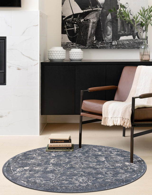 Blue 5' 3 x 5' 3 Portland Round Area Rug 85% Polypropylene & 15% Polyester Vintage Distressed Traditional Carpet for Home Decor for Sale at Rug Engine