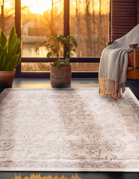Ivory 7' 10 x 7' 10 Portland Square Area Rug 85% Polypropylene & 15% Polyester Vintage Distressed Traditional Carpet for Home Decor for Sale at Rug Engine