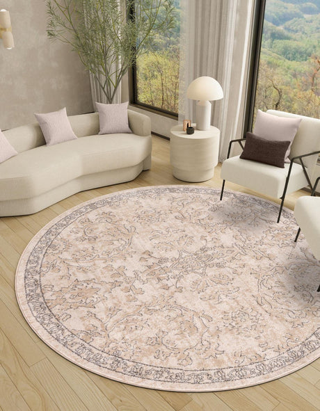 Ivory 7' 1 x 7' 1 Portland Round Area Rug 85% Polypropylene & 15% Polyester Vintage Distressed Traditional Carpet for Home Decor for Sale at Rug Engine