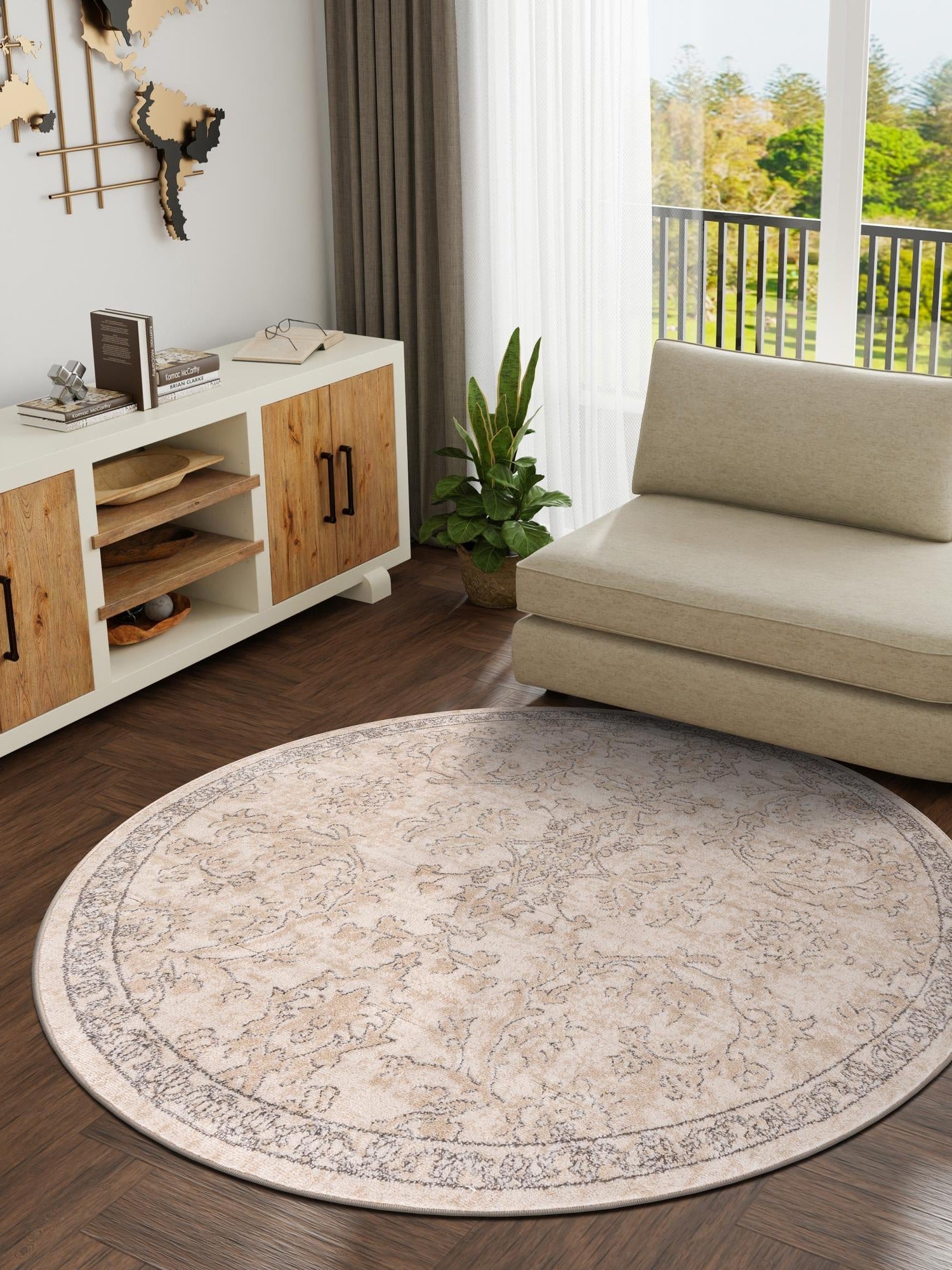 Ivory 7' 1 x 7' 1 Portland Round Area Rug 85% Polypropylene & 15% Polyester Vintage Distressed Traditional Carpet for Home Decor for Sale at Rug Engine