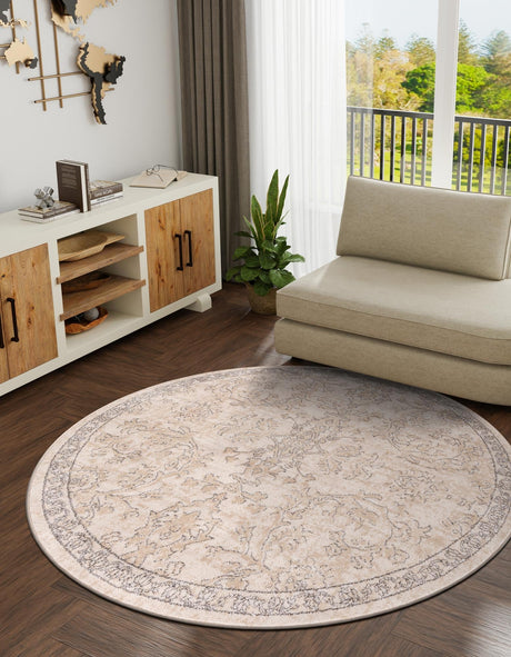 Ivory 7' 1 x 7' 1 Portland Round Area Rug 85% Polypropylene & 15% Polyester Vintage Distressed Traditional Carpet for Home Decor for Sale at Rug Engine