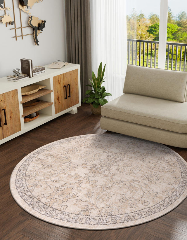 Ivory 7' 1 x 7' 1 Portland Round Area Rug 85% Polypropylene & 15% Polyester Vintage Distressed Traditional Carpet for Home Decor for Sale at Rug Engine