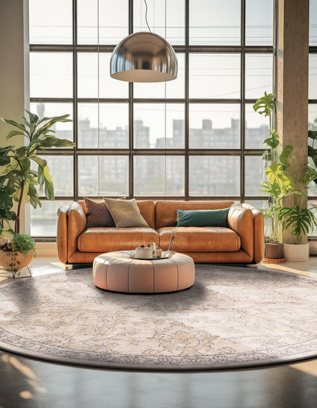 Ivory 3' 1 x 3' 1 Portland Round Area Rug 85% Polypropylene & 15% Polyester Vintage Distressed Traditional Carpet for Home Decor for Sale at Rug Engine