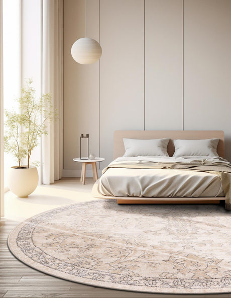 Ivory 3' 1 x 3' 1 Portland Round Area Rug 85% Polypropylene & 15% Polyester Vintage Distressed Traditional Carpet for Home Decor for Sale at Rug Engine