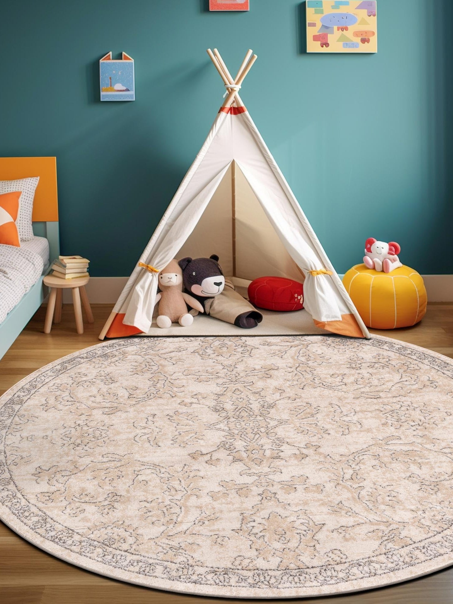 Ivory 3' 1 x 3' 1 Portland Round Area Rug 85% Polypropylene & 15% Polyester Vintage Distressed Traditional Carpet for Home Decor for Sale at Rug Engine